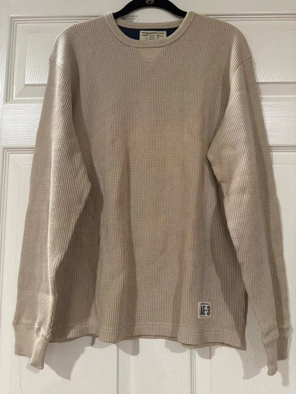 American Eagle Beige Waffle Knit Long Sleeve Shirt S 100% Cotton Made In Indones